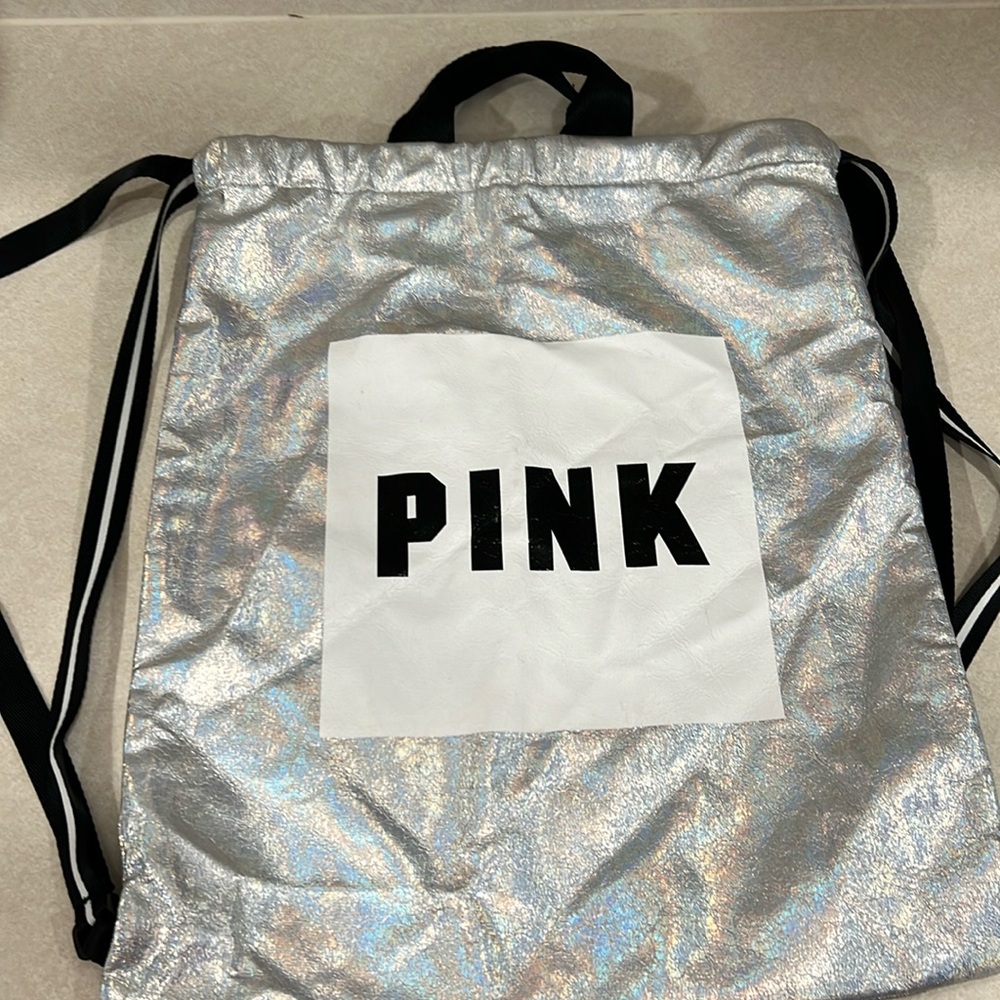 Victoria Secret Pink Drawstring Backpack Tote Bag, Iridescent Silver.